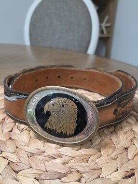 Vintage Johnson & Held Eagle Belt Buckle & Dixie Tooled Painted Leather Belt 34